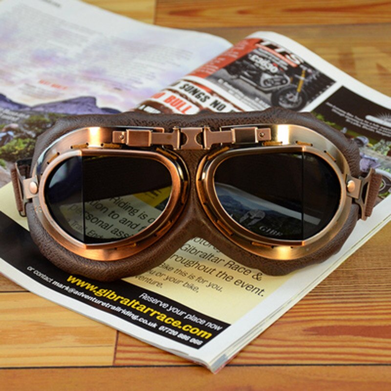 Lunettes de moto pour casque, pour pilote aviateur, rétro, en cuir PU, cuivre lunettes, pour Cruiser Cafe Racer: D