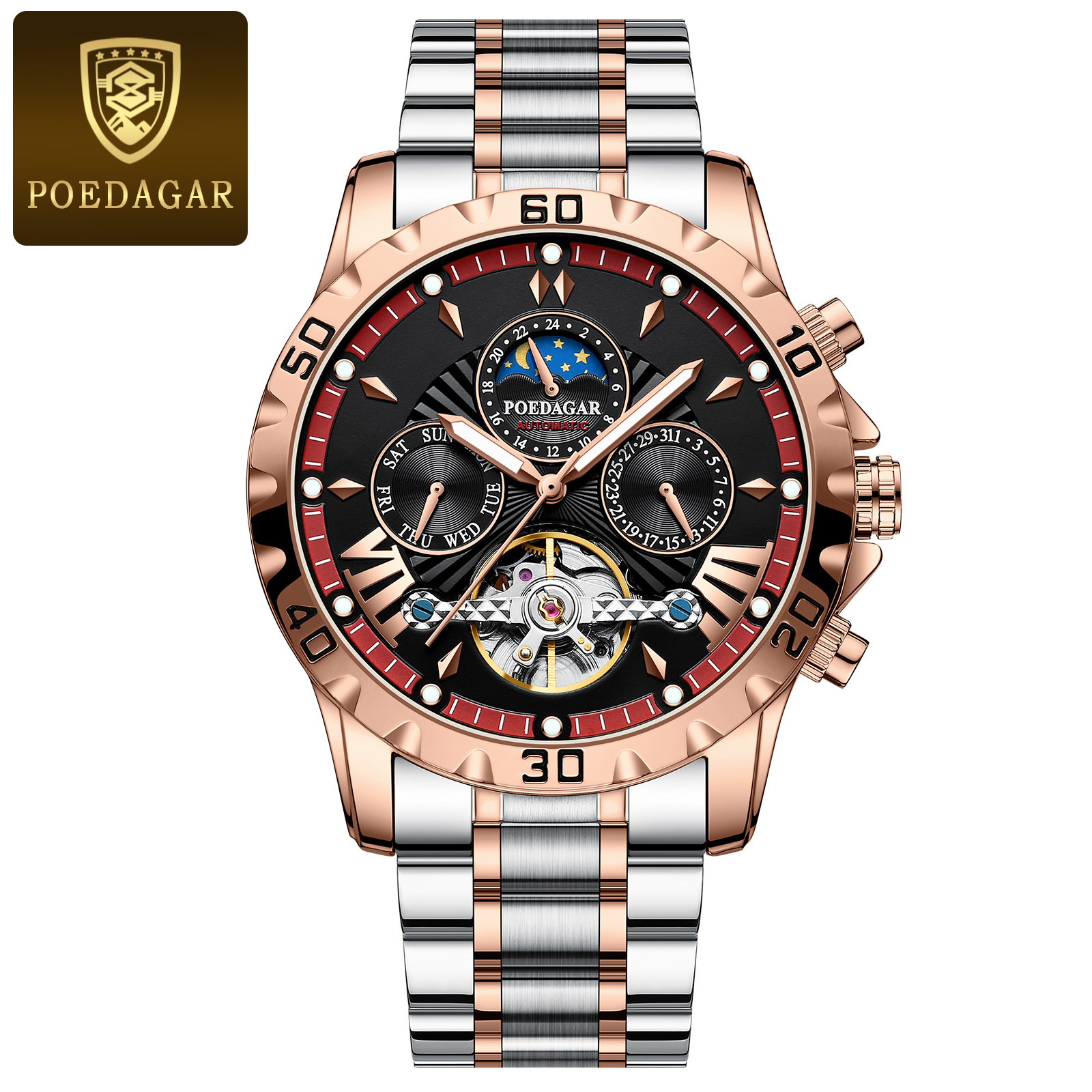 POEDAGAR-Montre de Luxe à Tourbillon Creux pour Homme, Accessoire Étanche, Mécanique et existent, en Acier Inoxydable, avec Date et Semaine: Multicolore