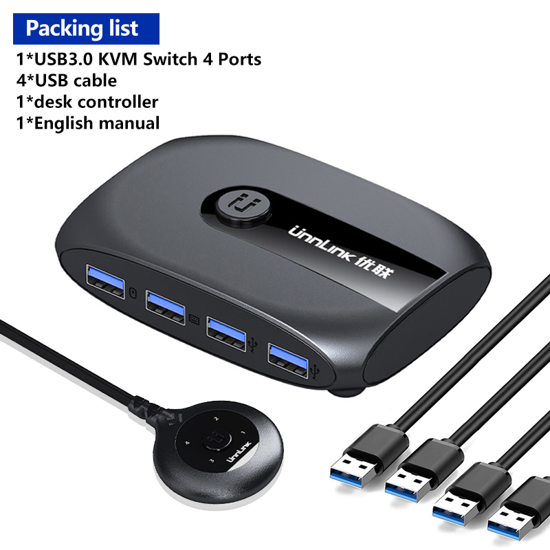 Unnlink KVM Switch USB 3.0 Switcher With Extender 4 PCs Computers Sharing 4 USB Devices for Keyboard Mouse Printer U Disk: USB3.0-4 Ports