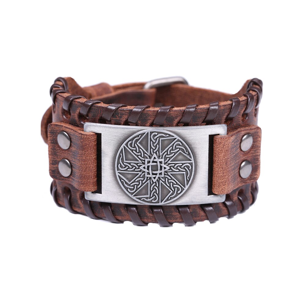 Skyrim-pulsera de cuero eslava para hombre, anís estrellado, amuleto redondo cerrado, pulsera ancha trenzada, brazalete Vikingo, joyería Vintage
