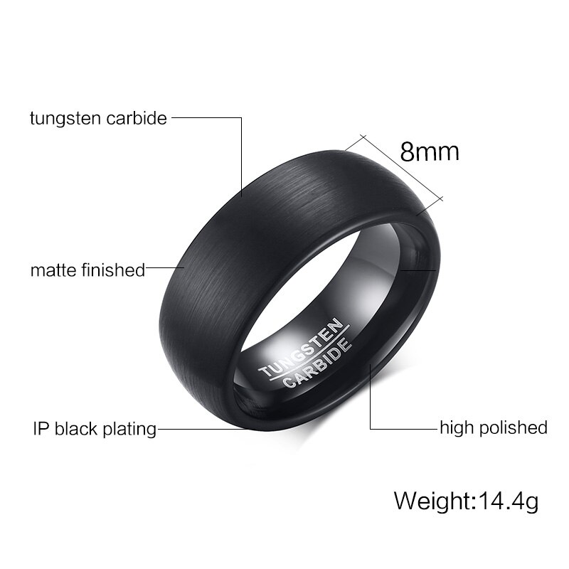 Black 100% Tungsten Carbide Wedding Ring for Men Matte Finished Comfort Fit US size 7 8 9 10 11 12