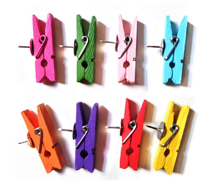 50PCS 3.5cm Wooden Push Pins Clips for Home Office Kitchen Workplace School Classroom Wall Cork Maps Board: Multicolor