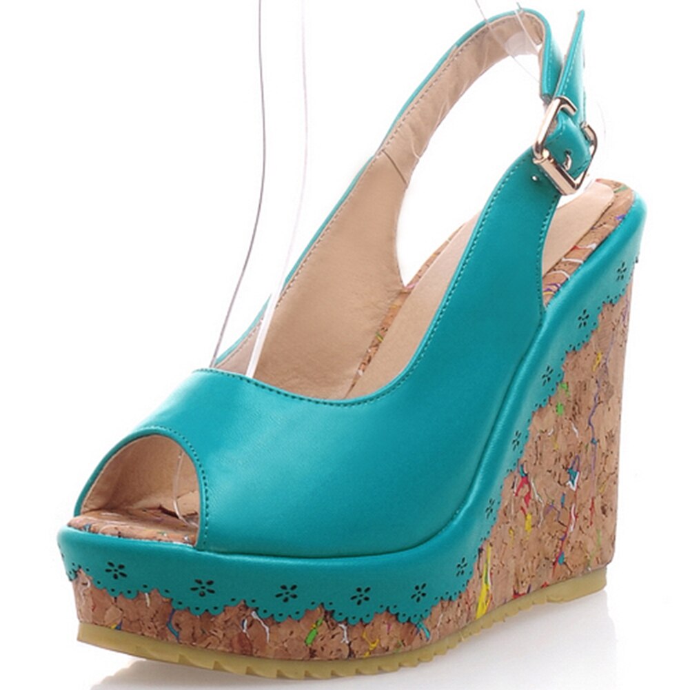 Karinluna cuñas tacones altos tamaño grande 43 mujeres zapatos mujer plataforma sin talón Peep Toe sandalias de verano: Azul / 3
