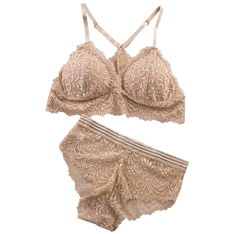 Sexy Lace Bra Sets Lady Women Seamless Embroidery Bralette Wireless Breathable Underwear Lingerie Set: Beige