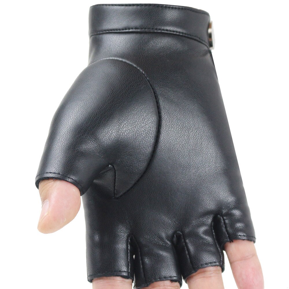 Guantes sin dedos de cuero sintético para hombre y mujer, manoplas gruesas con botón, cálidas, de medio dedo, para conducir, color negro,