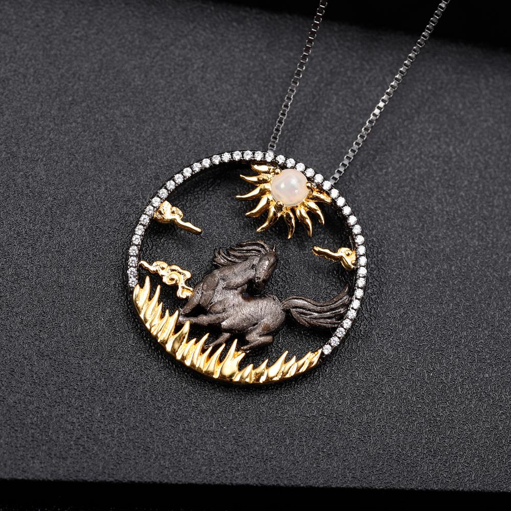 GEM'S BALLET – collier avec pendentif cheval galop pour femme, bijoux en argent Sterling 925, 12 signes du zodiaque chinois, opale africaine naturelle