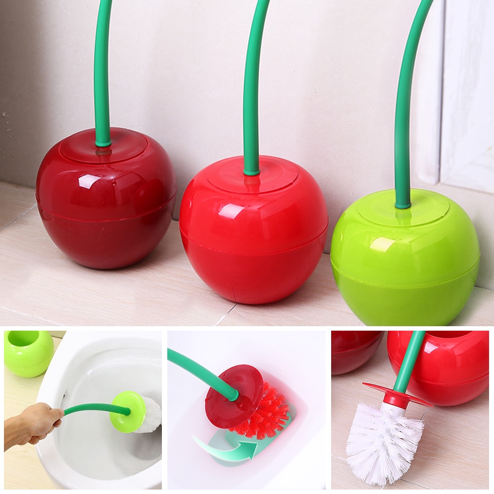Cepillo para inodoro con forma de cereza, herramienta de limpieza para el hogar, cepillo para limpiar el baño con mango largo, limpiador con Base