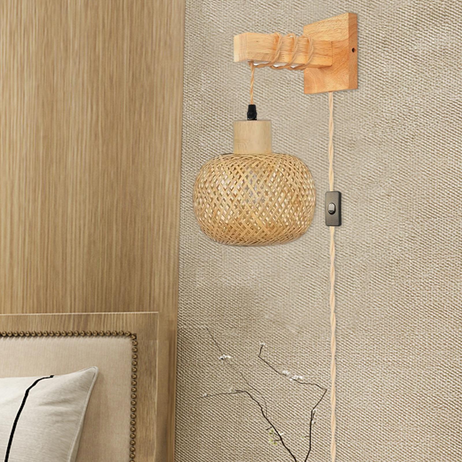 Wall Sconce Hand Woven Boho Bamboo Bedside Wall Lamp Plug in Pendant Light for Home Bedroom Living Room Light Fixtures EU Plug
