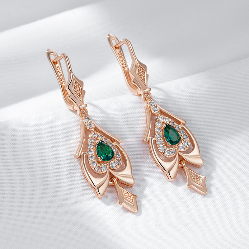 Kinel-pendientes de gota finos para mujer, Color oro rosa 585, flor de cristal, accesorios de circón Natural verde, joyería Vintage diaria