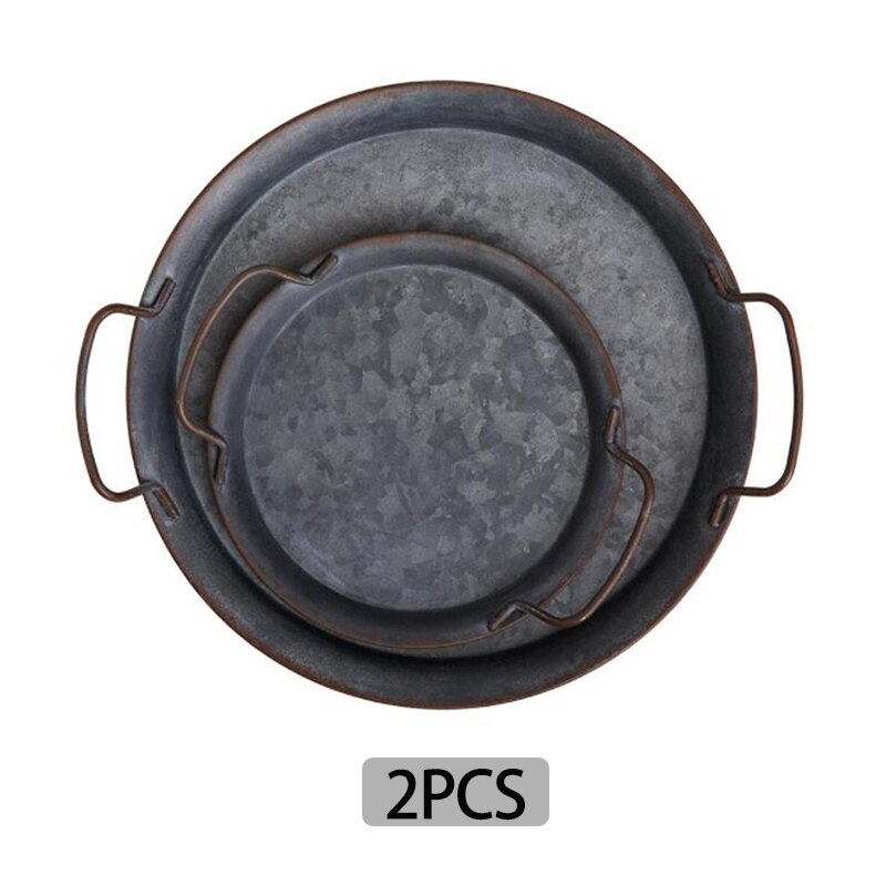 European Retro Wrought Iron Round With Handle Storage Tray Classic Metal Serving Bread Tray Photography Props for Home Decoratio: 2PCS