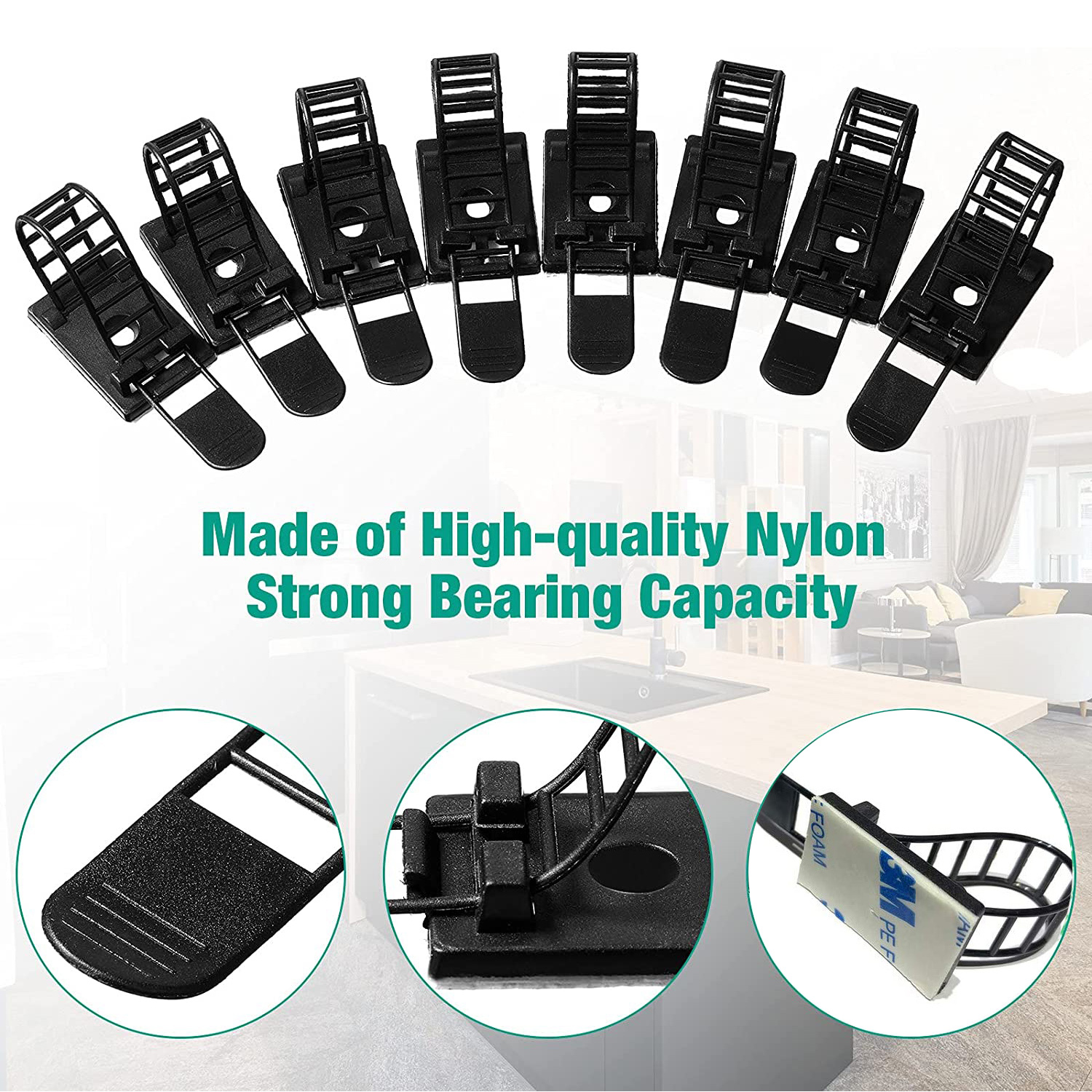 Untoom Adhesive Cable Management Clips Adjustable Nylon Cable Strap Ties Wire Clamps Cable Organizer for Network Wire Power Cord