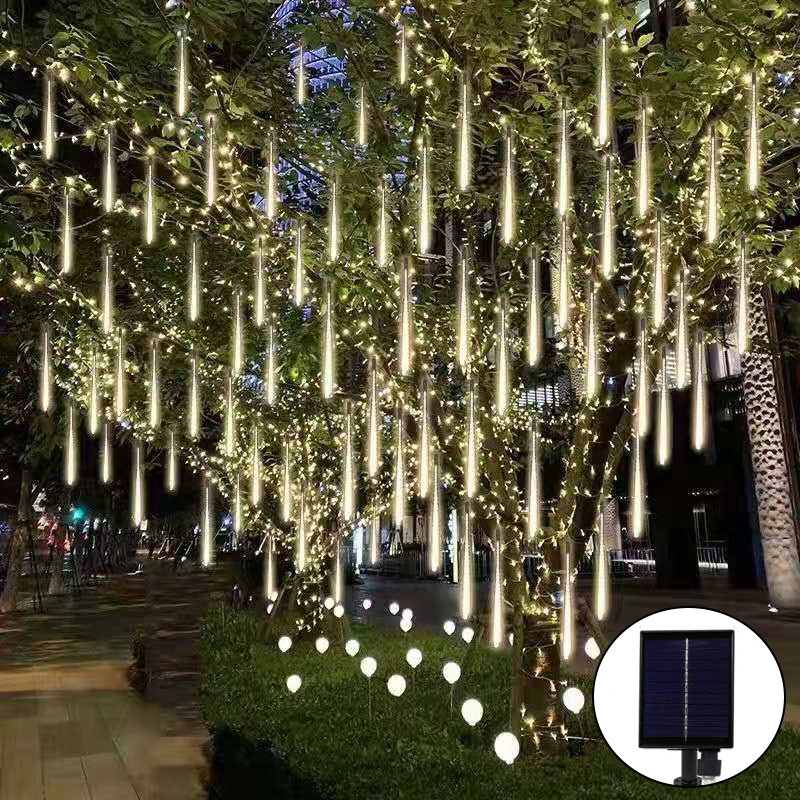 Solar--LED-Meteorschauer-Lichterkette, wasserdicht, bunt, für Höhle Außenbereich, superhell, Wasserfall-Lichter, hängende Baum-Lauflichter: Orange / 0-5W