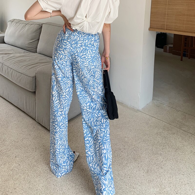 Women Mopping Sleep Bottoms Loose Soft Pockets Blue Fresh Floral Sweet Girls Teenagers Nightwear Outdoor Females Lounge