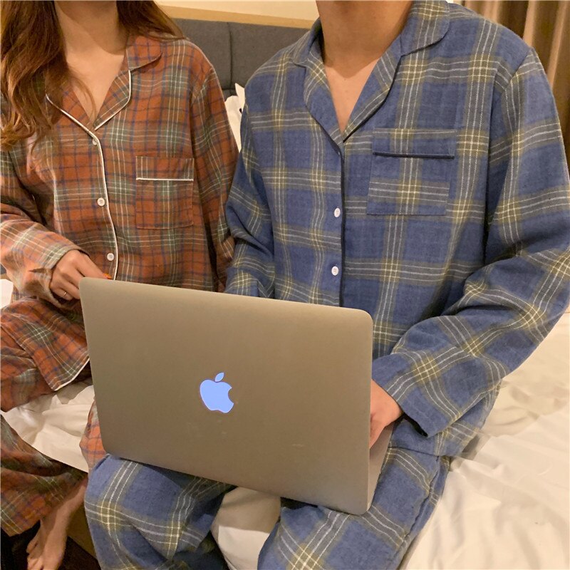 Classical Plaid Cotton Unisex Pajamas Women Men Autumn Winter Korean Couple Style Comfortable Long-sleeved Lapel Pijama Mujer