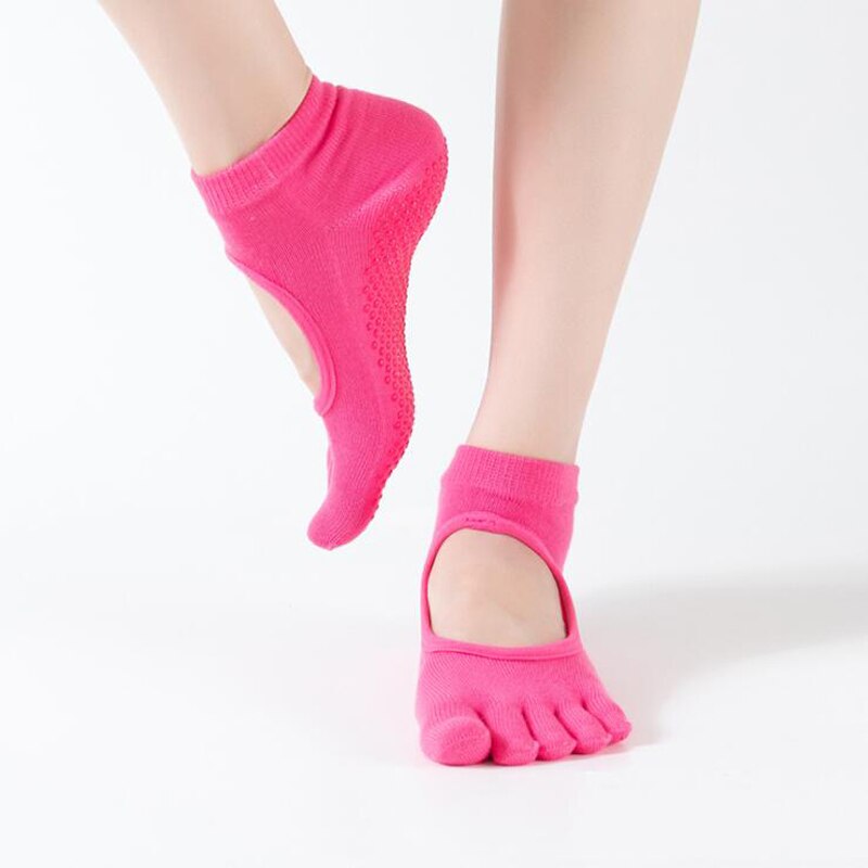 Kvinder yoga sokker rygløse fem fingre sokker gym fitness sport pilates dans ballet skridsikker 5 tå bomulds sokker fodtøj kvinde: Hot pink