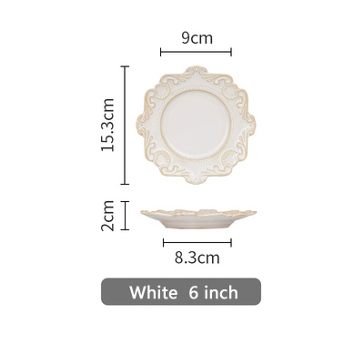 European retro ceramic plates tableware dinner plates ceramic embossed pattern porcelain dessert plate cake plate: White 6 inch
