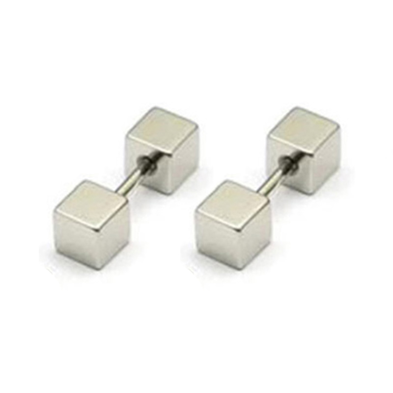 Pendientes cuadrados geométricos de doble cara para mujer/hombre, tornillo de acero inoxidable, Pin fino para oreja, joyería pequeña para hueso del oído, 2 uds.: Negro / Color dorado