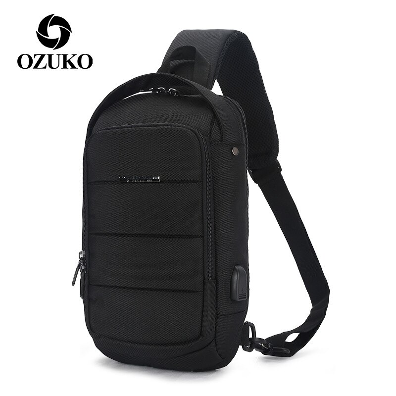 OZUKO Multifunction Waterproof Crossbody Bag Travel Men Chest bags External USB interface Sports shoulder bag Chest Pack: Black