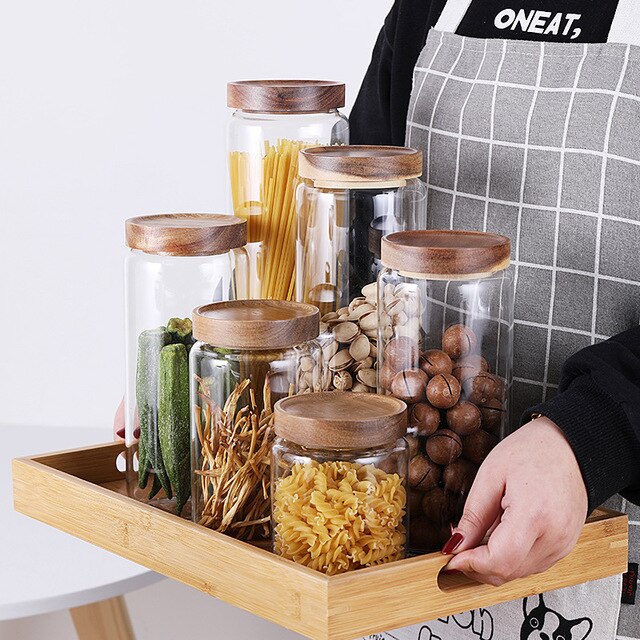 Holz Deckel Glas Luftdichten Kanister Küche Lagerung Flaschen Gläser Lebensmittel Container Körner Tee Kaffee Bohnen Körner Süssigkeit Krug Container