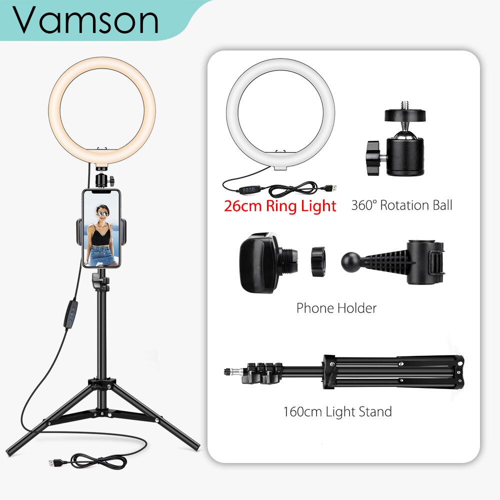 Vamson Selfie LED Anello di Luce della lampada con il Treppiedi Del Basamento Del Supporto Del Supporto Del Telefono per Streaming In Diretta/Trucco/YouTube Video Fotografia illuminazione anulare: VLS10B-VL26 Set