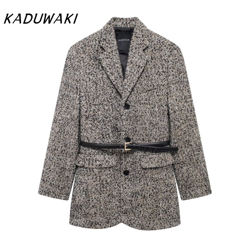 KADUWAKI Cappotto strutturato grigio a maniche lunghe con risvolto retrò Classico blazer versatile per pendolari allentato con cintura Куртка Ж gessi¢юшоном: M