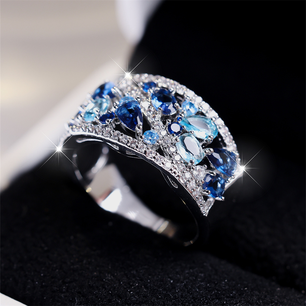 Anillo de piedra de gota de agua de cristal azul real, anillos de compromiso de Aguamarina simulada para mujer, banda de de boda de Color plata Vintage