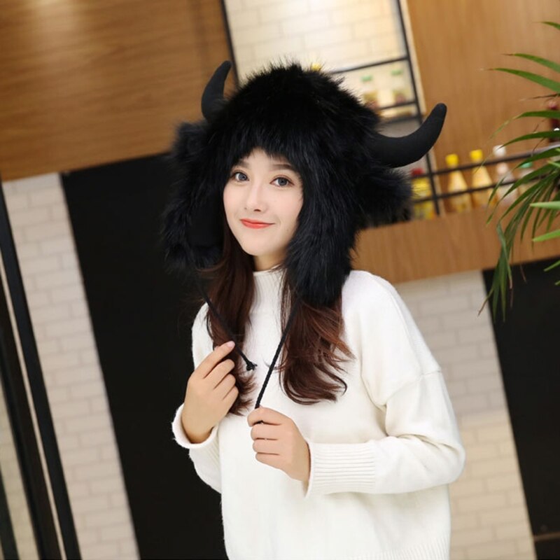 Women Men Winter Furry Plush Snow Trapper Hat Cute Ox Horns Deer Antlers Fluffy Animal Cap with Ear Flap Cosplay Earmuff