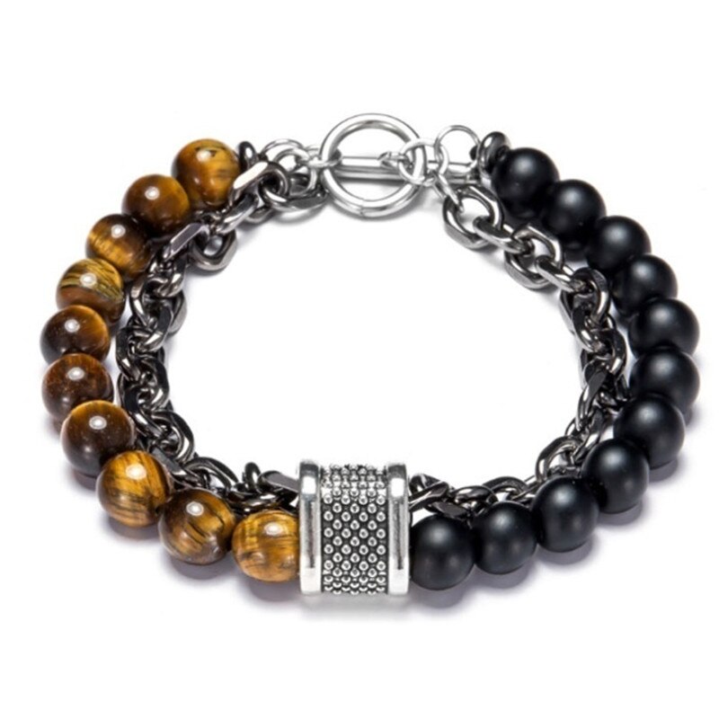 Fdlk único mapa natural pedra frisado pulseira de aço inoxidável masculino pulseiras dropshipping jóias moda presentes para homem: Brown