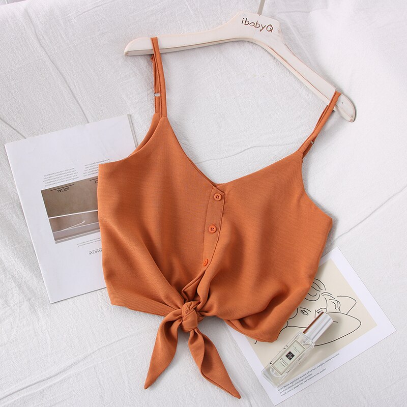 Kvinde street-wear sexet strop top v-hals rygløs crop top koreansk stil solid knap slanke korte tank tops: Brun