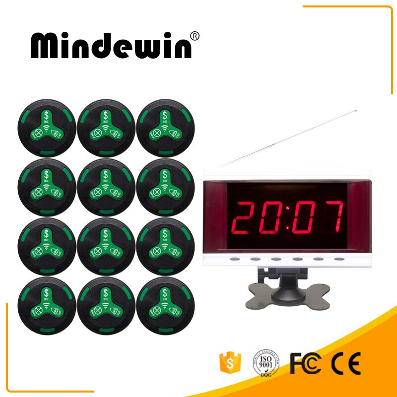 Mindewin draadloos oproepsysteem voor restaurants pager 12 stuks mk -3 oproepknoppen en 1 stuk mr -2 led-display toont 1 groepsnummer: Zwartgroen
