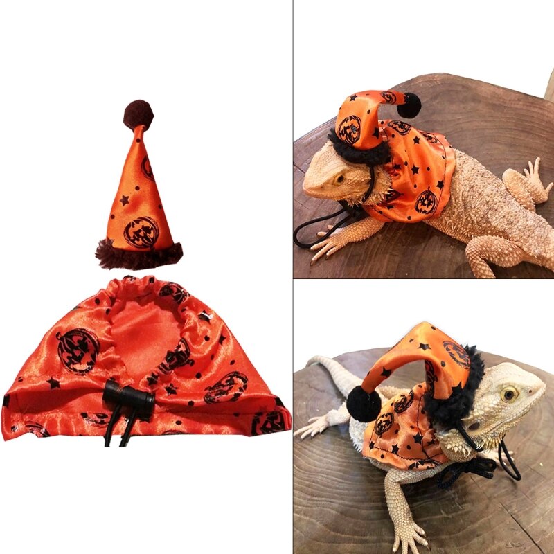 K5DC Lizard Clothes Bearded Dragon Costume Set Orange Halloween Hat and Cloak for Reptiles Resizable Photo Props