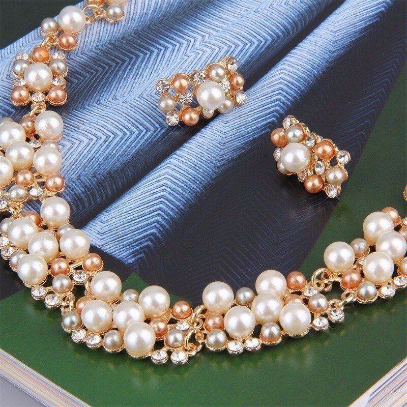 Simple Imitation Pearl Bridal Jewelry Crystal Necklace Earrings for Girl Party Rhinestone Engagement Jewelry Sets