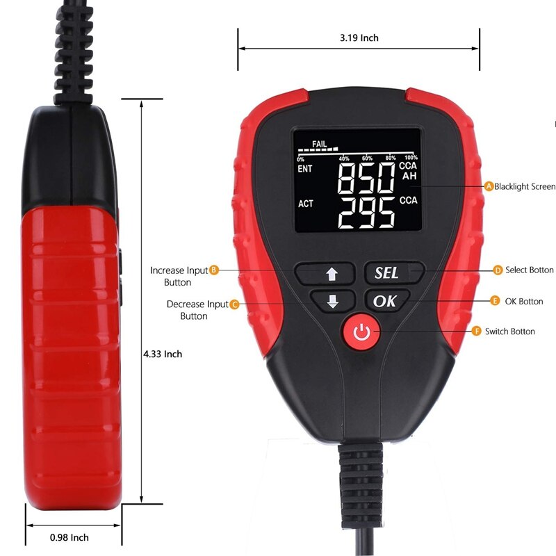 Probador de batería de coche Digital 12V Pro con probador de carga de batería automotriz modo Ah y analizador de porcentaje de vida de la batería, voltaje,