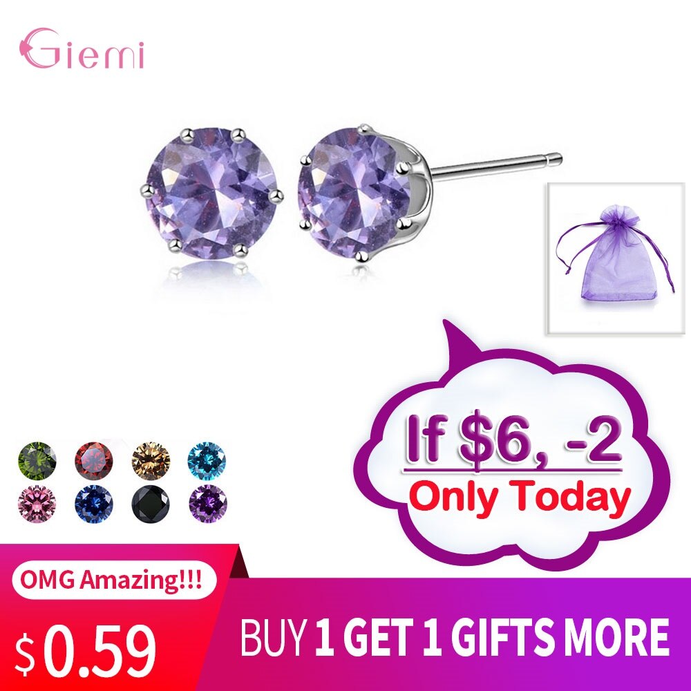 Cubic Zirconia CZ Stone 6MM Jewelry Stud Earrings 925 Sterling Silver Earrings Women 20 Colors: Color11