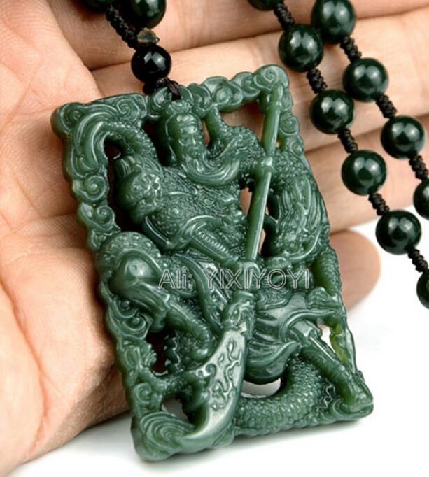 Natural Green HeTian Jade Carved Hollow Chinese Sword GuanGong Amulet Lucky Pendant + Beads Necklace + Certificate Fine Jewelry