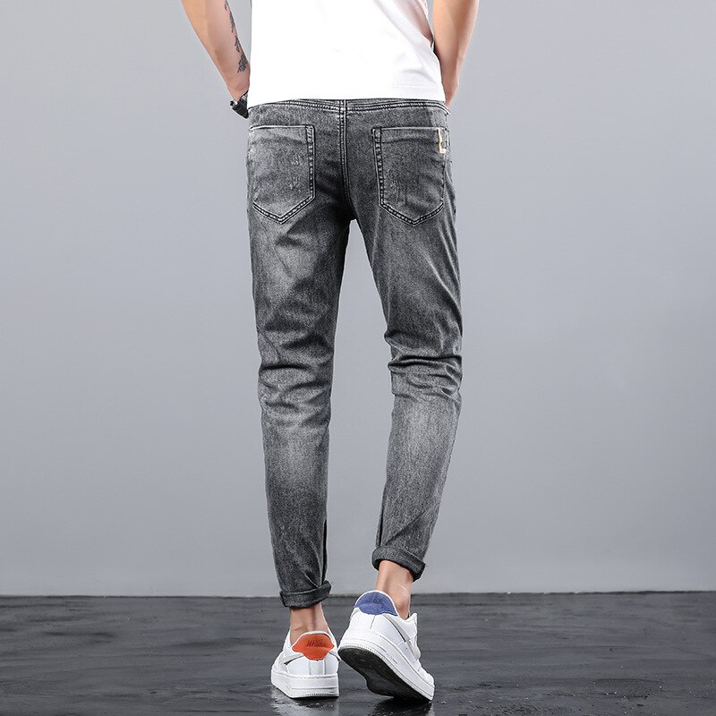 Men's Stretch Regular Harajuku Fit Jeans Black gray Casual Classic Style Denim Trousers thin Male Nine points Pants