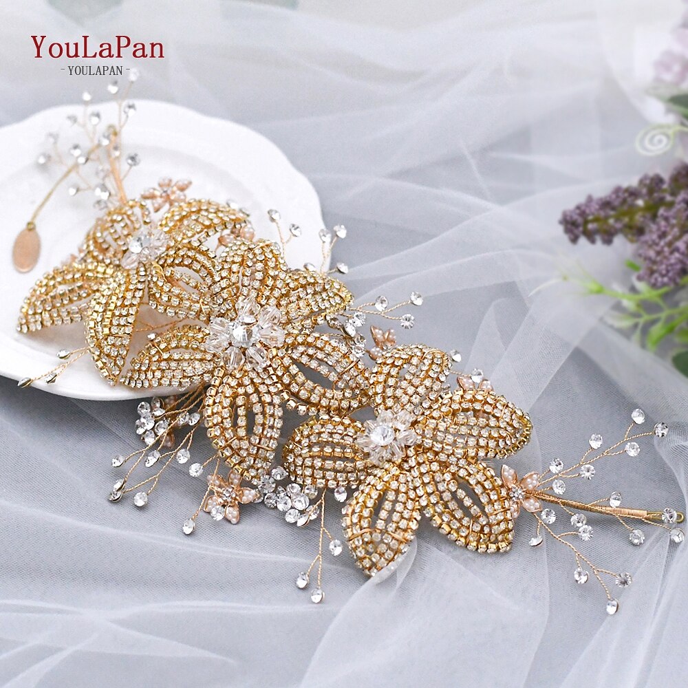 Topqueen ouro casamento liga flor bandana nupcial headpiece strass casamento enfeites de cabelo tiara para as mulheres hp252