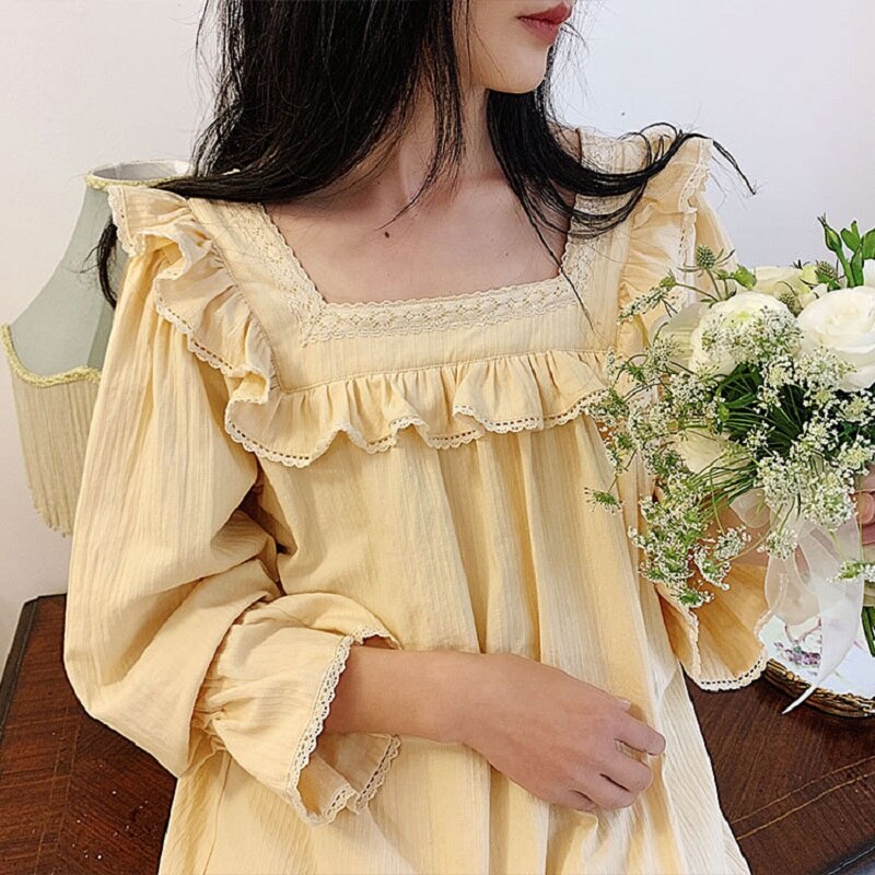 Camisones largos de algodón suave para mujer, ropa de dormir de manga larga con bordado de encaje de princesa, para primavera y otoño