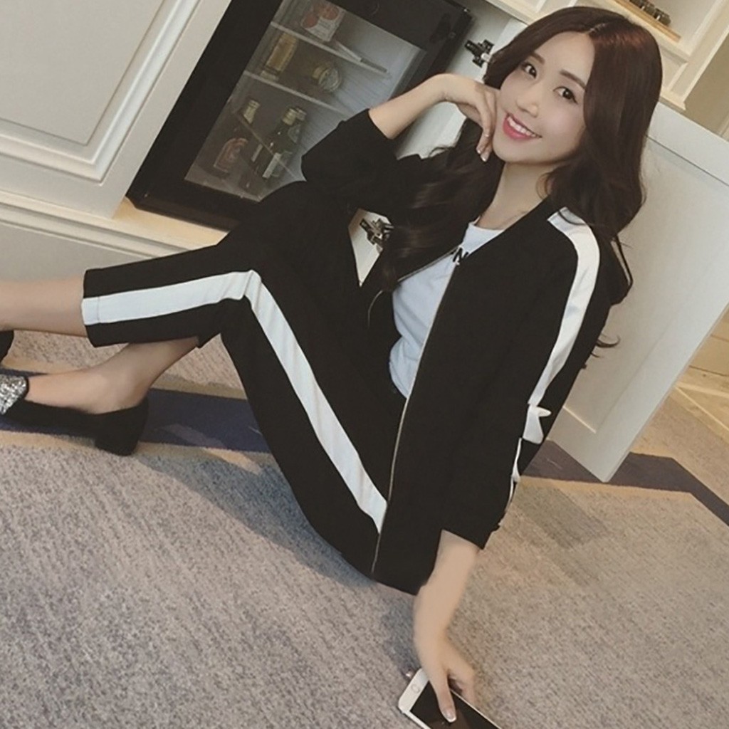 Traje casual de mujer ropa deportiva de manga larga dividida conjunto de 2 piezas pantalones largos traje de chándal Casual de mujer ropa deportiva # D