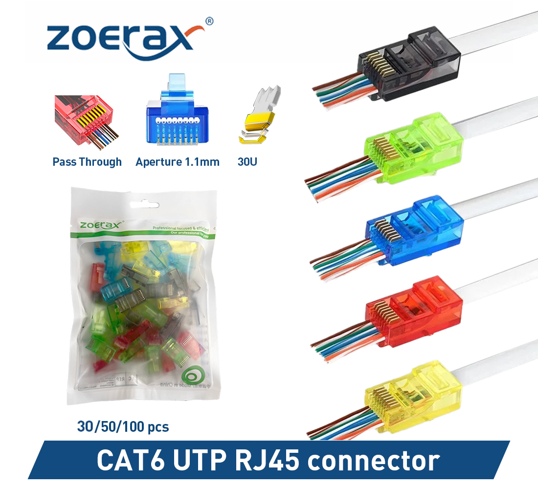ZoeRax RJ45 Cat6 doorvoerconnectoren, diverse kleuren, EZ naar krimp modulaire stekker voor massieve of gestrande UTP-netwerkkabel