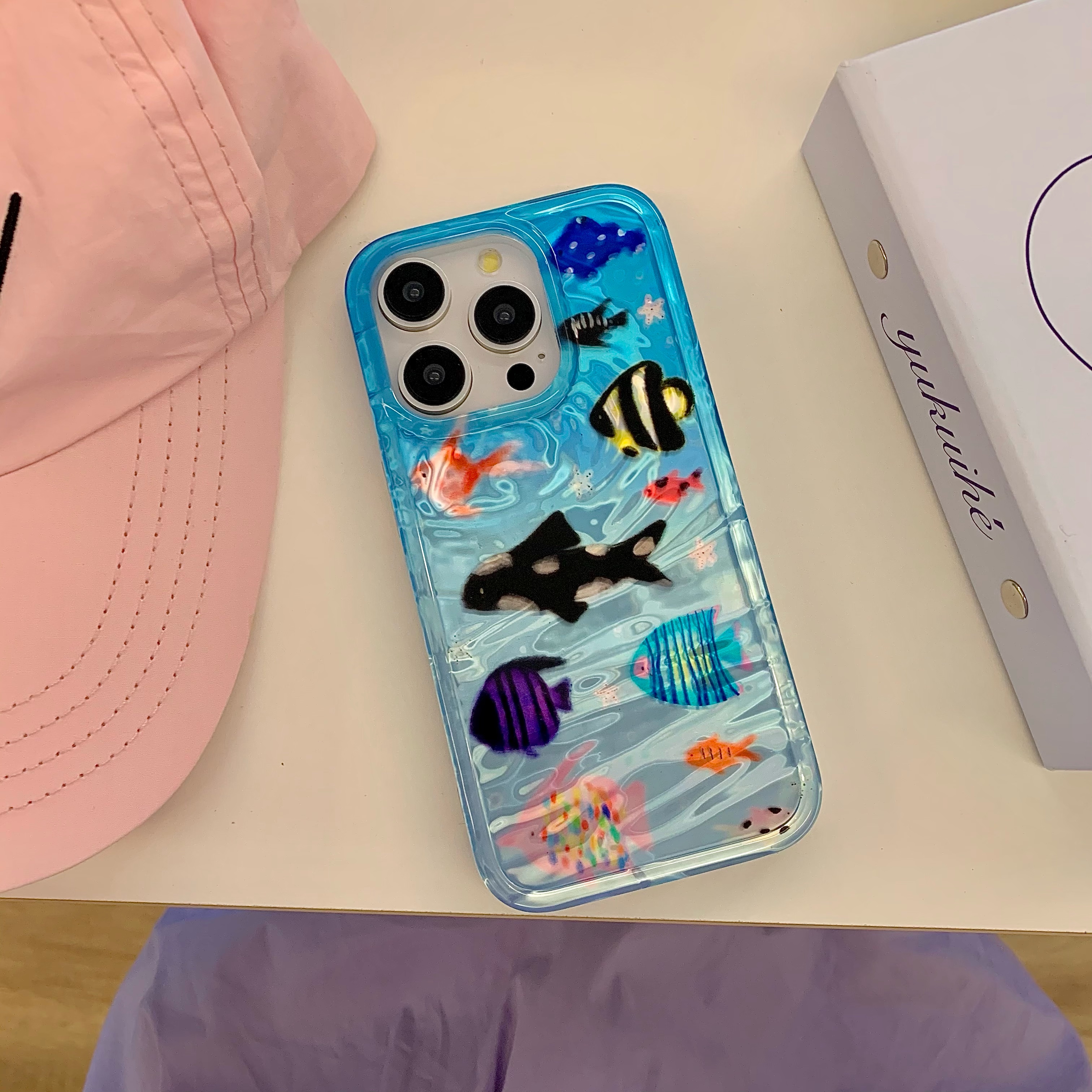 Coque coréenne Ins Ripple Texture Aquaria Lovely Fishes pour iPhone 16 15 14 13 11 Pro Max Plus, coque arrière pour 12 Pro Max
