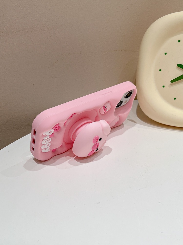 Leuke Grappige Varken Piggy Telescopische Beugel Case Voor iPhone 15 Pro Max 14 13 11 12 3D Roze Siliconen standhouder Achterkant