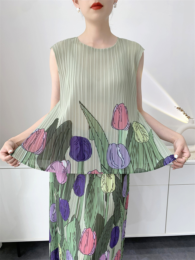 Miyake Wind Plissee Druck Anzug Frauen 2025, Sommer Neue Bequeme Top + Halb Rock Temperament Alterung Anzug