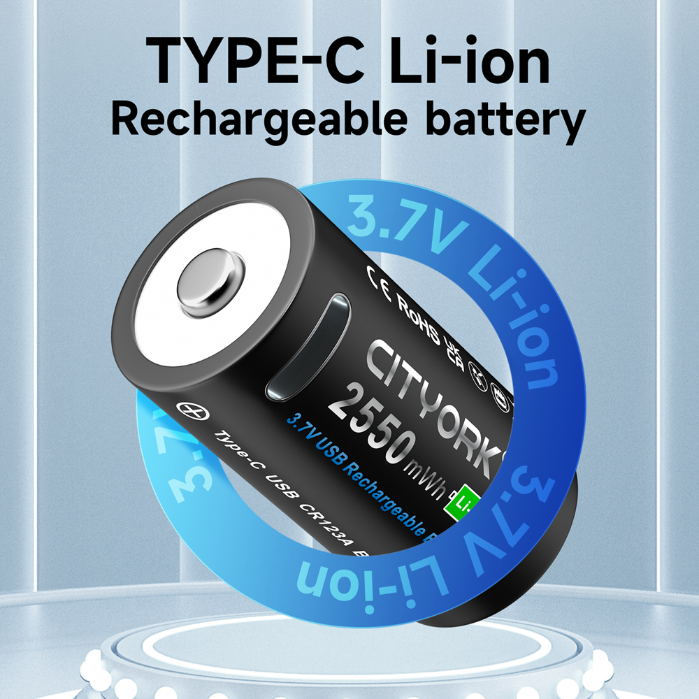CITYORK CR123A Bateria 2550mWh 3.7V Akumulator Li-ion 16340 Do Latarki LED 16350 RCR123 Bateria + Kabel USB Type-c