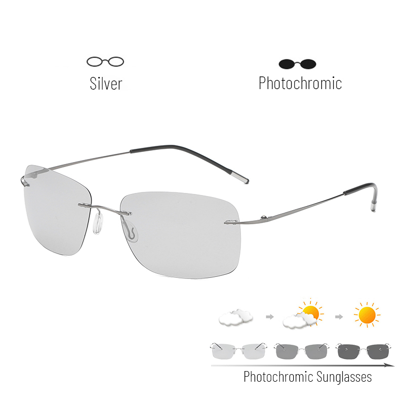 Titanium Rimless Photochromic Sunglasses Men Polarized Driving Ultralight Pilot Sun Glasses for Outdoor Fishing UV400: C4foldingtemple / guntemple