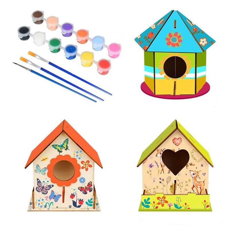 DIY Wooden Bird House Crafts for Children, DIY Big Birdhouse Painting Kit, Pigment Painting, Unfinished Construction: Default Title