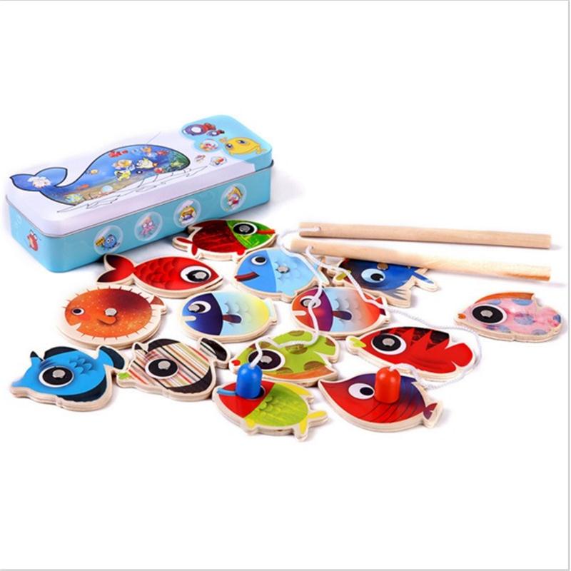 14 Vissen + 2 Hengels Houten Kinderen Speelgoed Vis Magnetische Pesca Spelen Vissen Spel Tin Box Kids Educatief Speelgoed voor Kind