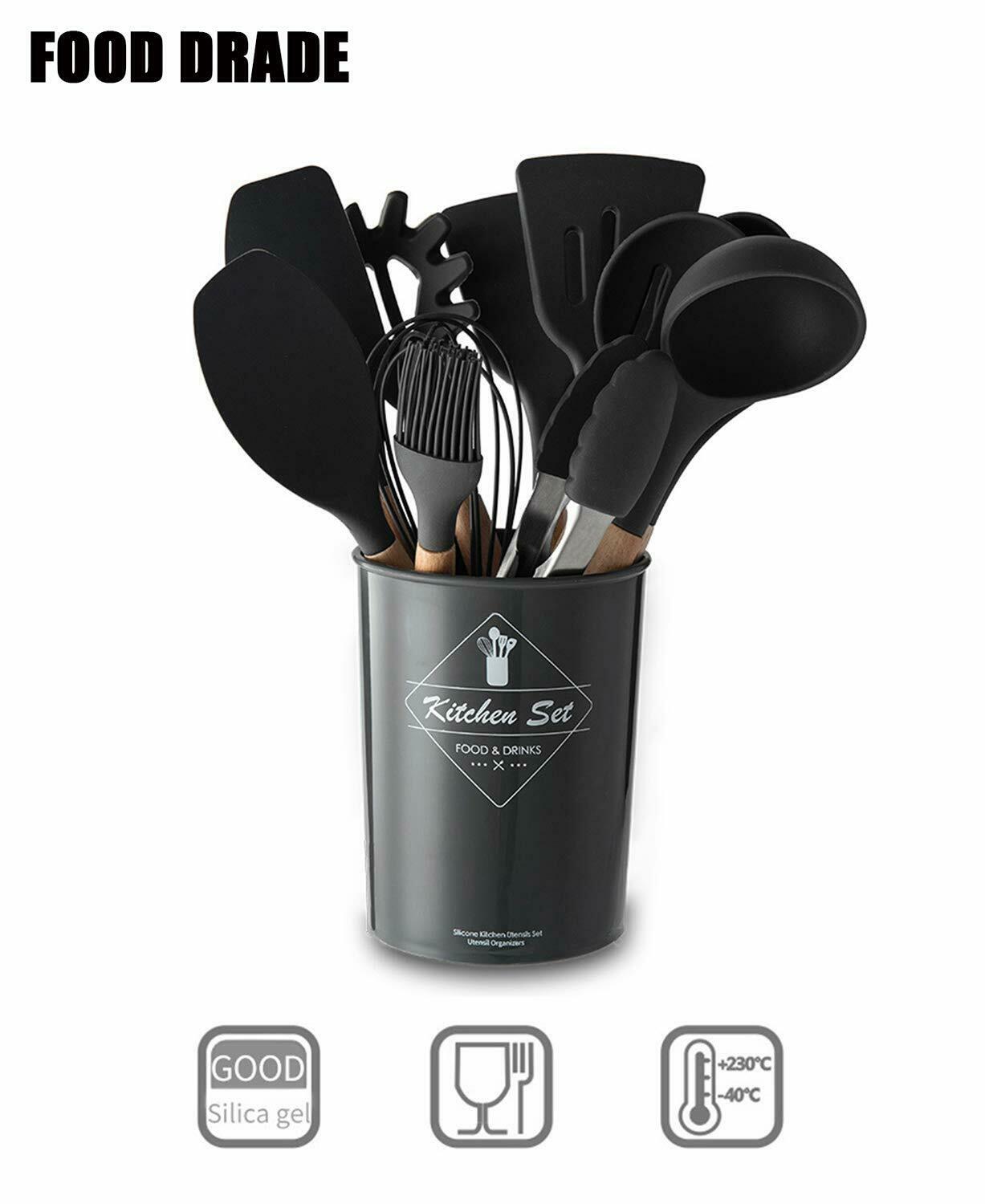 Muestra de juego de utensilios de cocina de silicona moderna 12 Uds mangos de madera espátula de cocina para no Stic: Black