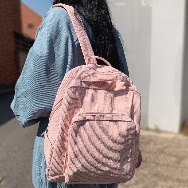 Ladies Solid Pink Corduroy Kawaii Student Backpack Trendy Cute Girl Travel Bag Female Backpack Women College Laptop Bags