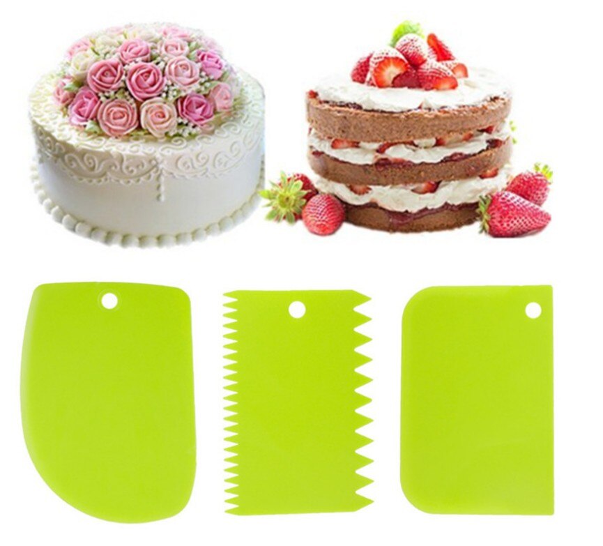 3 stk/sett plastdeigkniv glasur fondantskrape taggete kant vanlig glatt kakepadle kakespader baking konditorverktøy